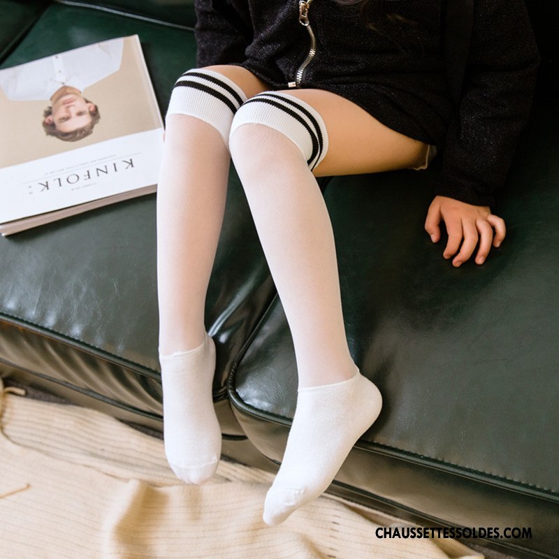 Chaussettes Longues Fille Milieu Printemps Mouvement Rayé Yarn Net Enfant Blanc