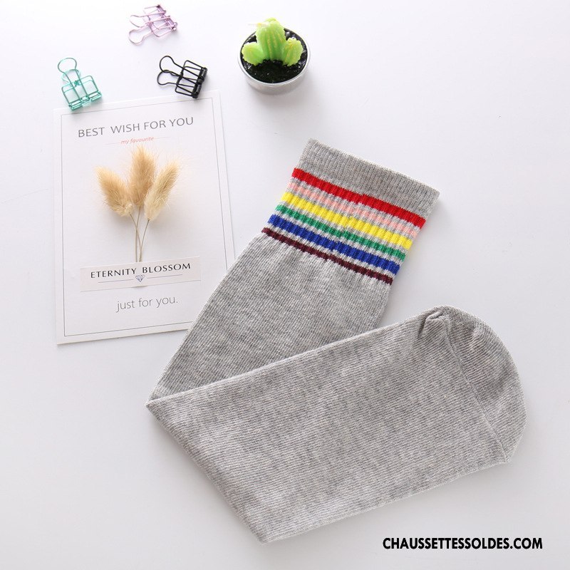 Chaussettes Longues Fille Mouvement L'automne Chaussettes En Coton Rayé Milieu Printemps Coloré Gris