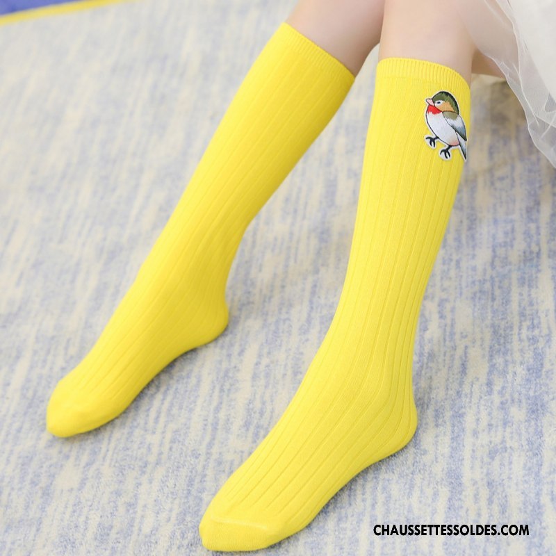 Chaussettes Longues Fille Oiseau Petit Matelassé Le Nouveau Brodé Rayé Or