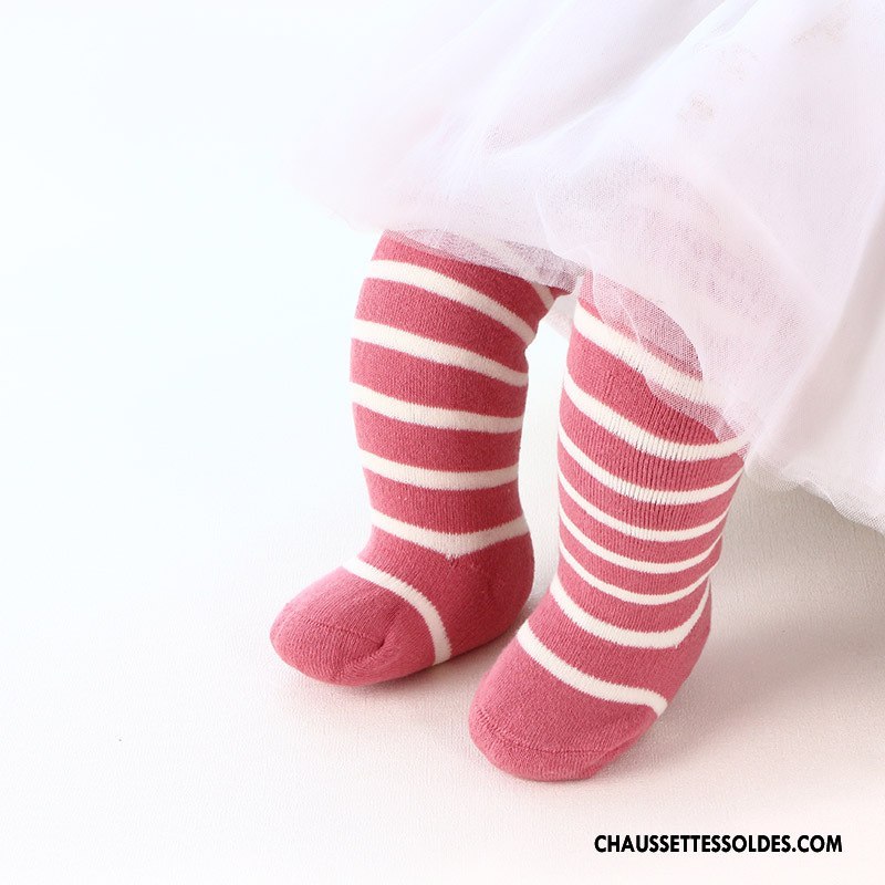 Chaussettes Longues Fille Rayé Long Stock Bébé Matelassé Enfant Renforcé Rose