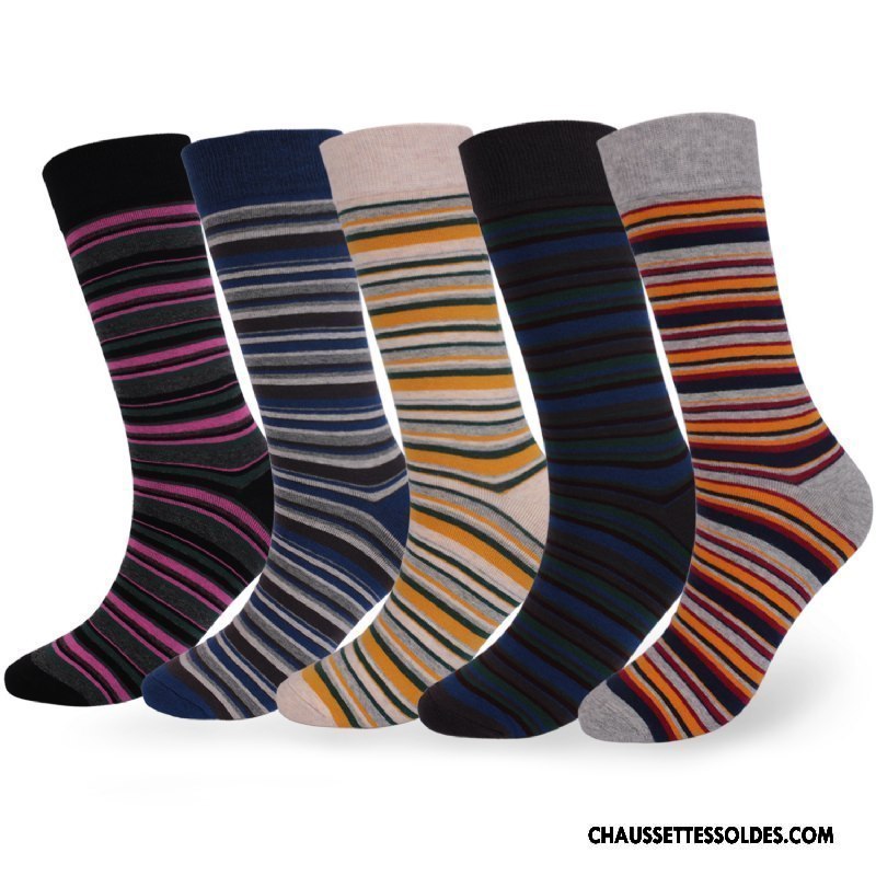 Chaussettes Longues Homme Haute Coton Bio Épais Hiver L'automne Rayé Gris