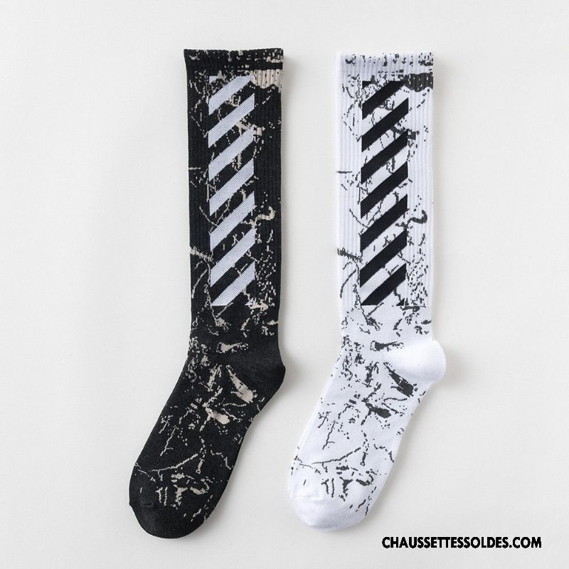 Chaussettes Longues Homme Hip Hop Danse De Rue Chaussettes En Coton Long Stock Marque De Tendance Bandes Obliques Blanc