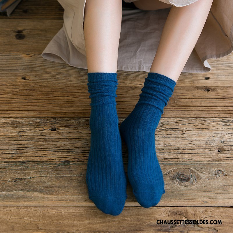 Chaussettes Mi Hautes Femme 100% Coton Hiver L'automne Dame Milieu Le Nouveau Bleu Marin Pure