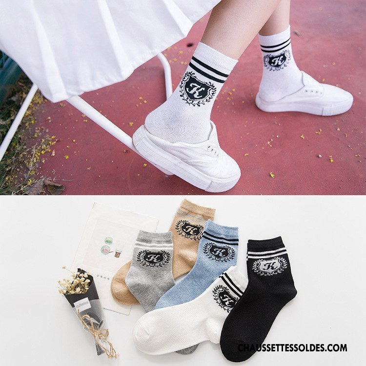 Chaussettes Mi Hautes Femme 100% Coton L'automne Rayé Hiver Plaine Milieu Blanc