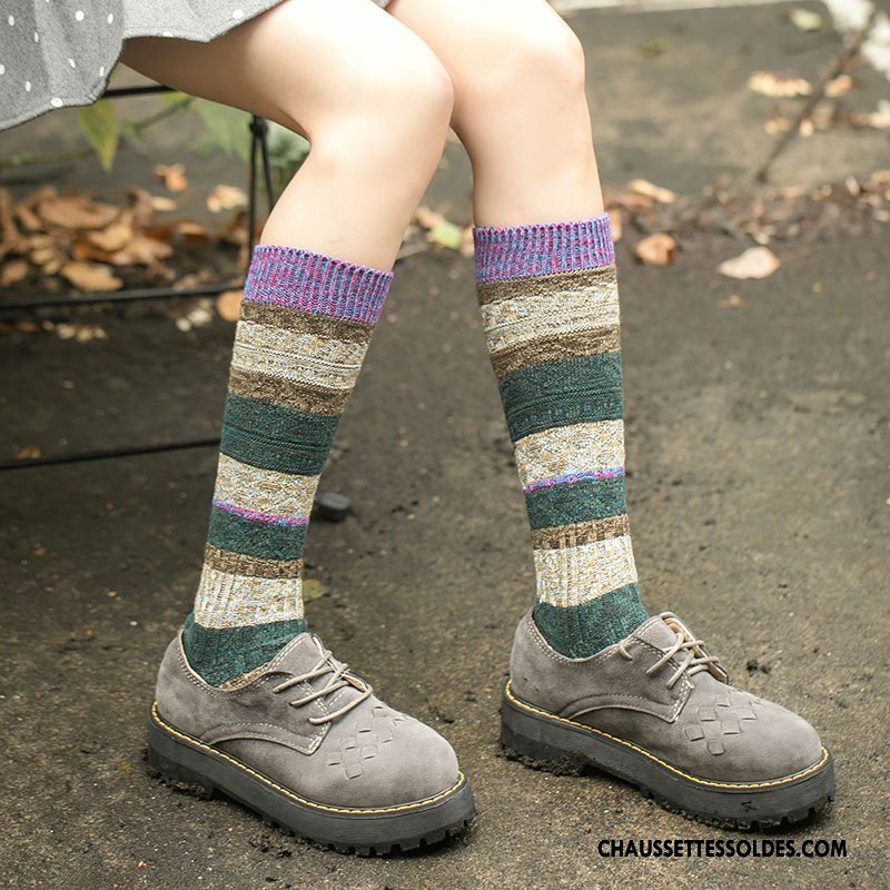 Chaussettes Mi Hautes Femme Art Rétro Hiver Chaussettes En Coton Dame L'automne Couleurs Mixtes Coloré