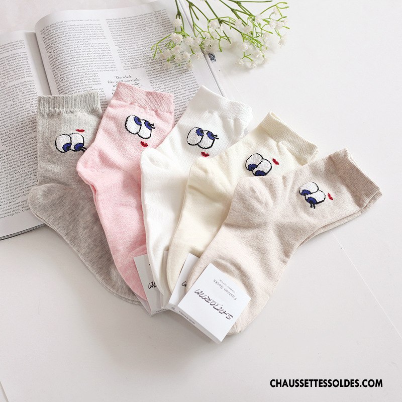 Chaussettes Mi Hautes Femme Authentique Coton Bio Dessin Animé Brodé Longue Beige Blanc