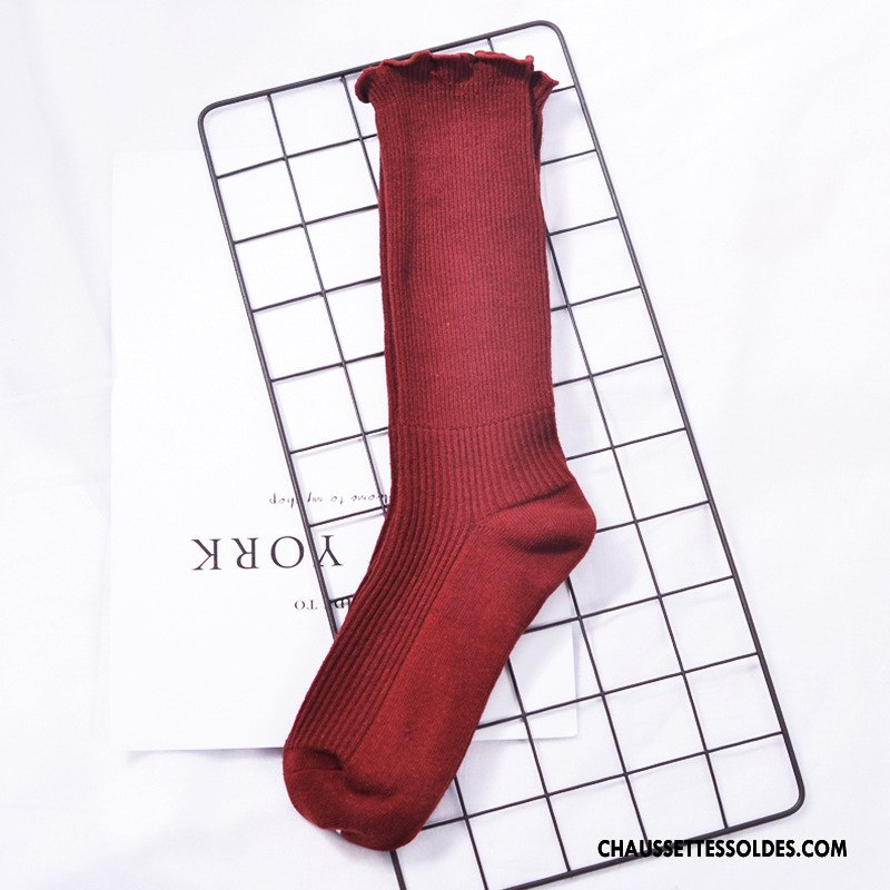 Chaussettes Mi Hautes Femme Bois 100% Coton Hiver Dentelle Milieu Chaussette Courte Bordeaux Pure