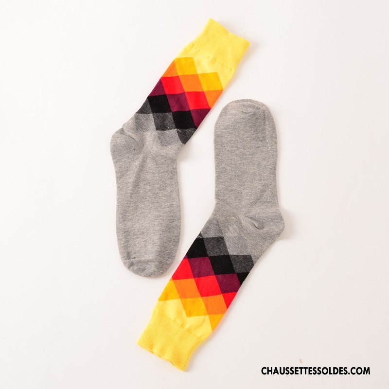 Chaussettes Mi Hautes Femme Britanique Mouvement 100% Coton Longue Carreaux Pur Dégradé Gris