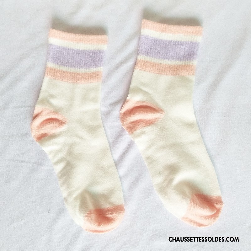 Chaussettes Mi Hautes Femme Campus Vent Dame Rétro Mouvement Rayé Frais Couleurs Mixtes Rose