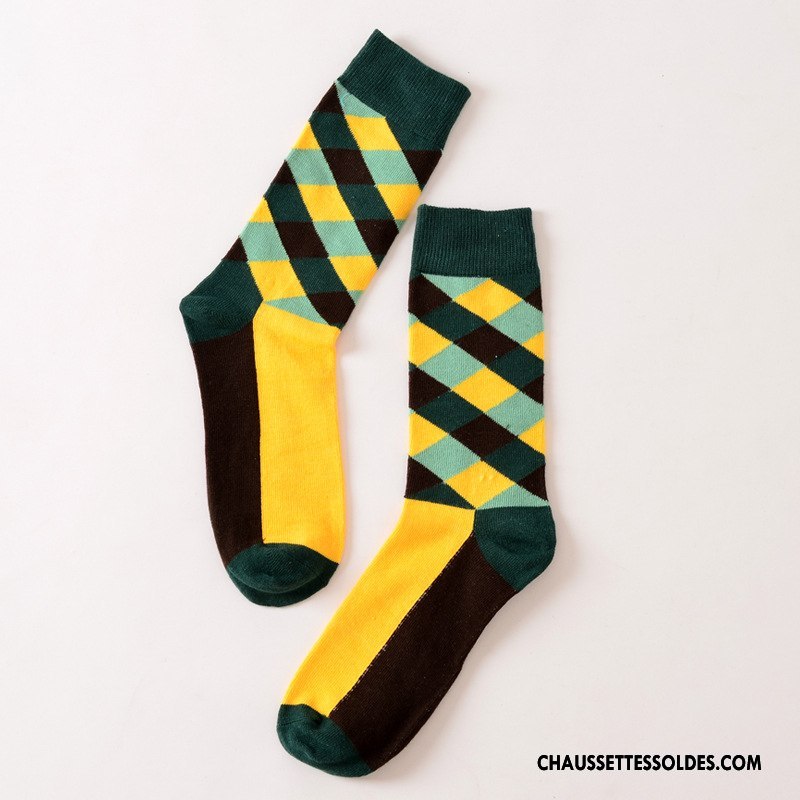 Chaussettes Mi Hautes Femme Carreaux Homme Le Nouveau Rue Créateur De Tendances Coton Bio Couleur De Contraste Jaune