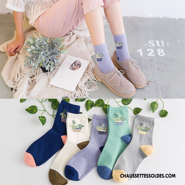 Chaussettes Mi Hautes Femme Chaussettes En Coton 100% Coton Le Nouveau Milieu Fleurs Frais Violet