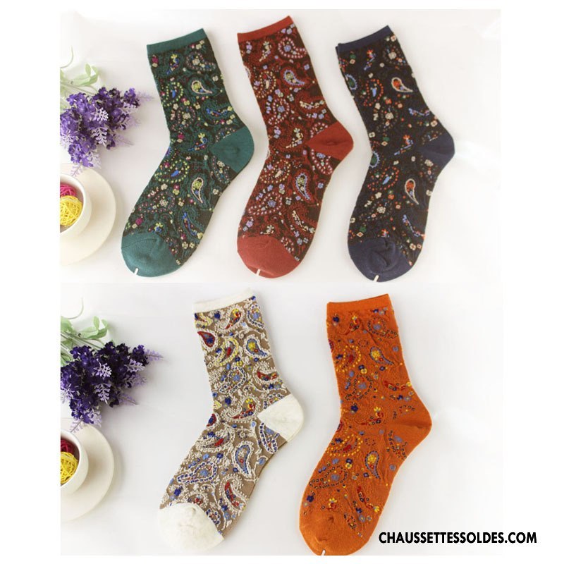 Chaussettes Mi Hautes Femme Chaussettes En Coton Style National L'automne Milieu Le Nouveau Hiver Coloré