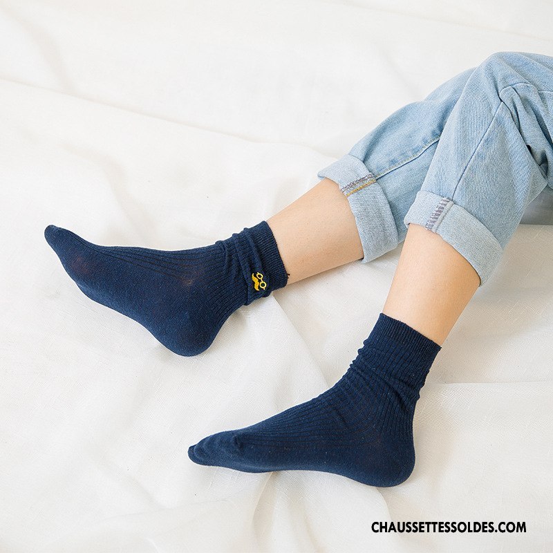 Chaussettes Mi Hautes Femme Chaussettes En Coton Élève Été Légère Printemps Brodé Bleu Blanc Noir