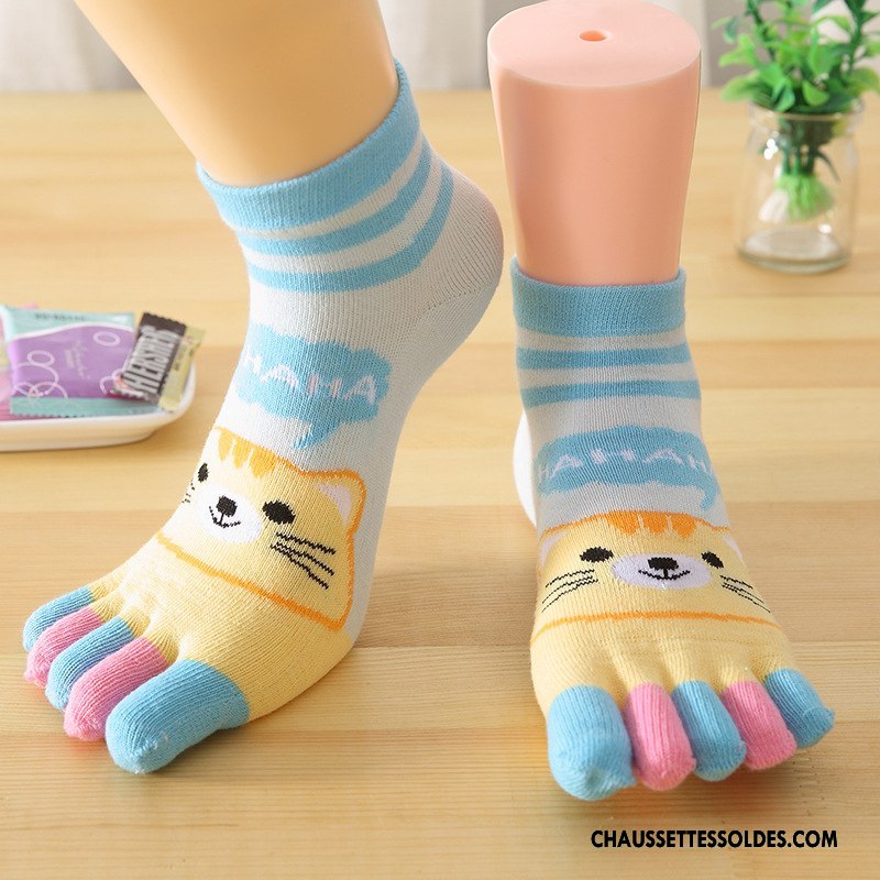Chaussettes Mi Hautes Femme Coton Bio Cinq Doigts Chaussette Basse Coupée Invisible Été Dessin Animé Couleurs De Bonbons Bleu