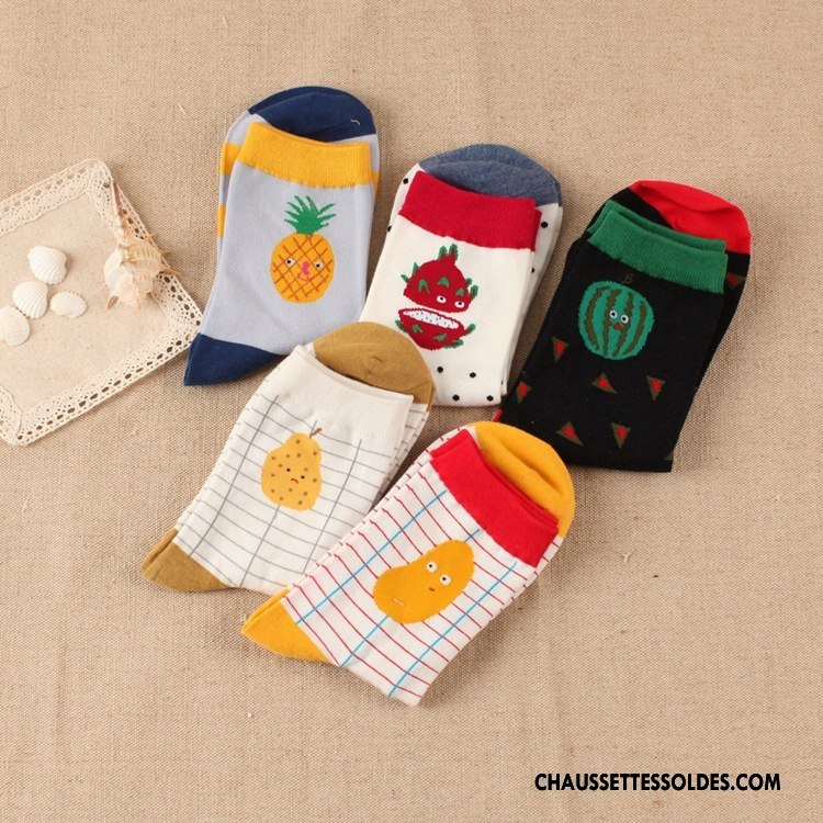 Chaussettes Mi Hautes Femme Coton Bio Rayé Fruit Carreaux Milieu Courte Or