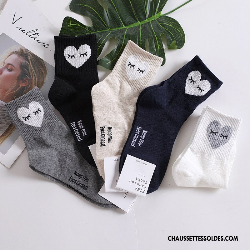 Chaussettes Mi Hautes Femme Dame Cœur Long Stock Fille Coton Bio Doux Noir