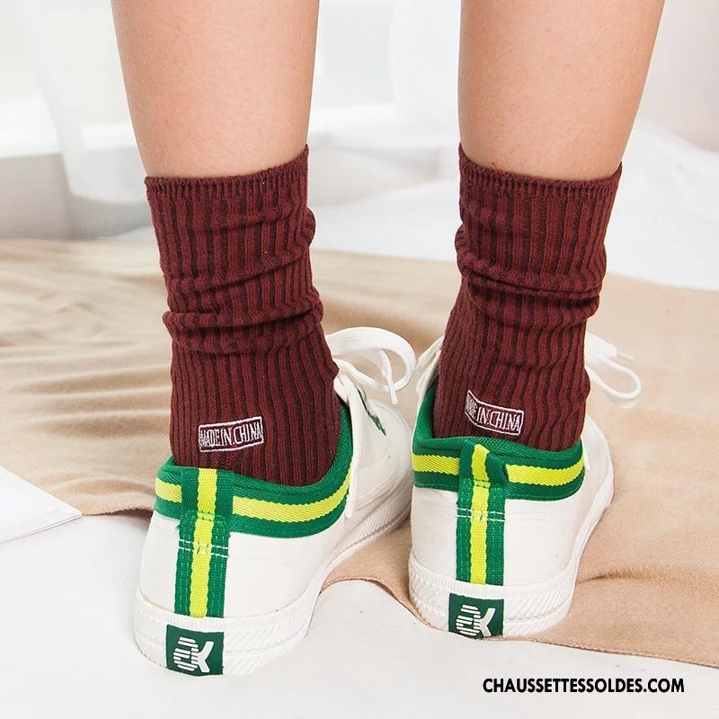 Chaussettes Mi Hautes Femme Dame Milieu Brodé L'automne Rayé Hiver Bordeaux Pure