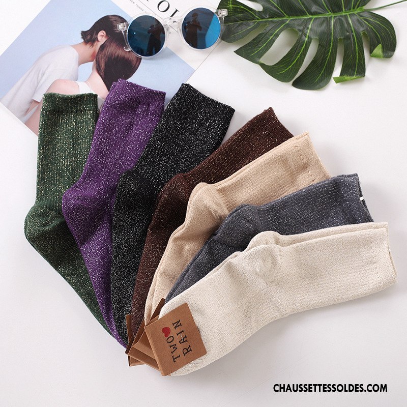 Chaussettes Mi Hautes Femme Dame Rétro Long Stock Renforcé Beige Thermiques Blanc Or Argent