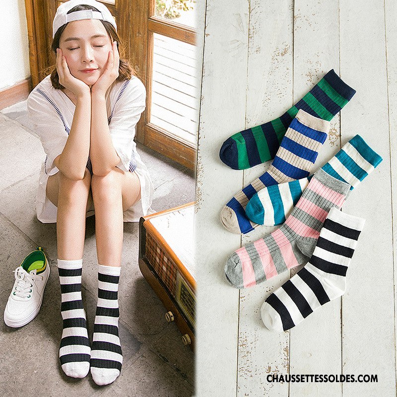 Chaussettes Mi Hautes Femme Dame Style Chaud Nouvelles Arrivées Vent D'université Chaussettes En Coton Rayé Blanc