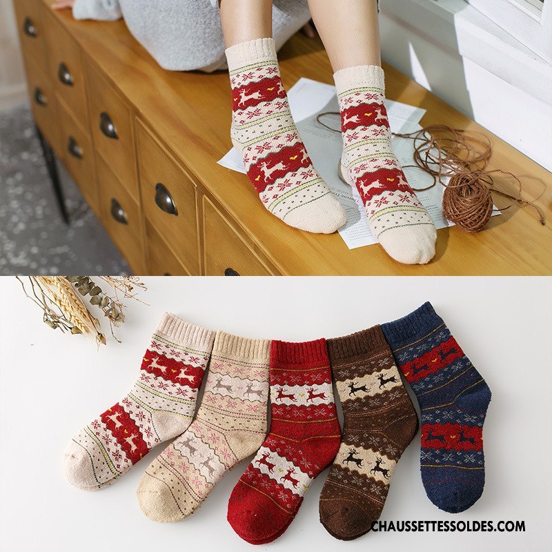 Chaussettes Mi Hautes Femme Dame Terry Dessin Animé Noël Thermiques Milieu Bordeaux