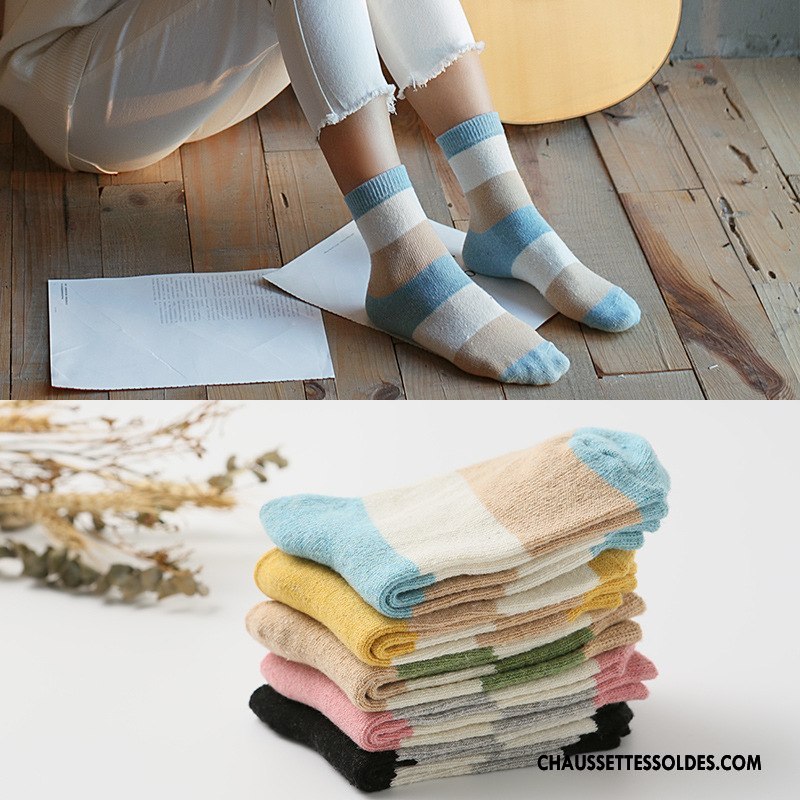 Chaussettes Mi Hautes Femme Des Chaussettes En Laine Casual Thermiques Hiver Milieu Rayé Bleu