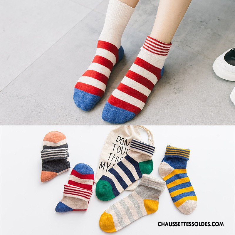 Chaussettes Mi Hautes Femme Flambage Le Nouveau Rayé 100% Coton Milieu L'automne Couleurs De Bonbons Rouge