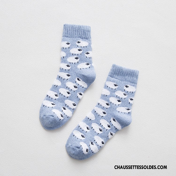 Chaussettes Mi Hautes Femme Flocon De Neige Terry Thermiques 100% Coton Milieu Dame Bleu