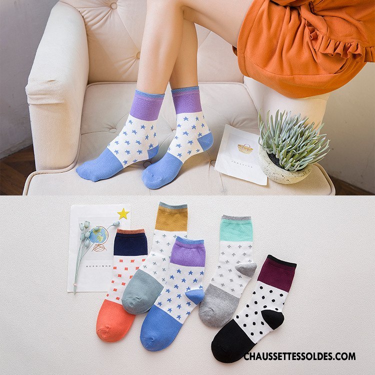 Chaussettes Mi Hautes Femme Frais 100% Coton Le Nouveau Plaine Chaussettes En Coton Points Couleurs Mixtes Bleu