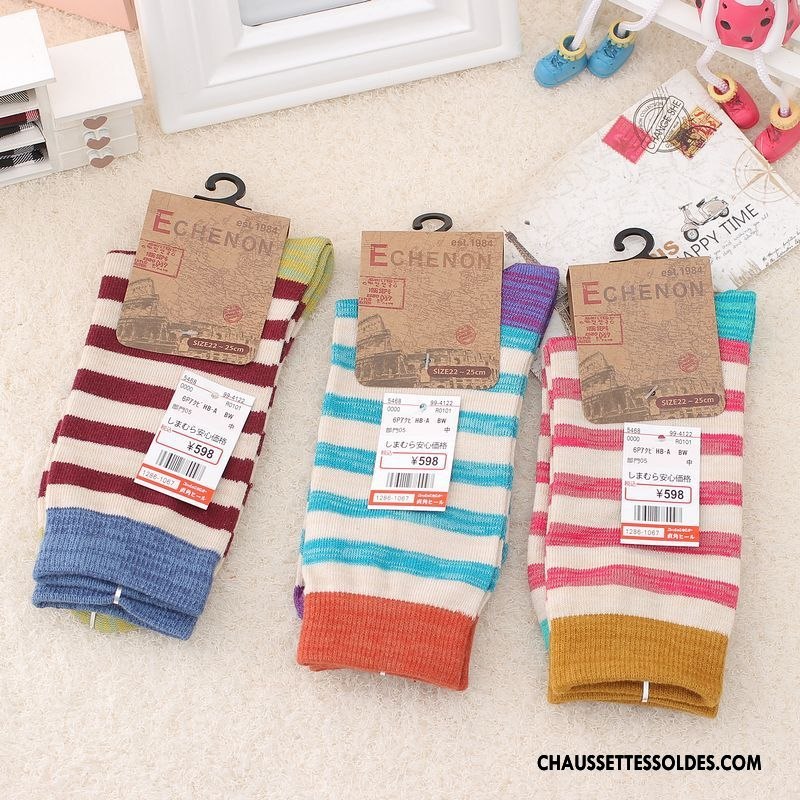 Chaussettes Mi Hautes Femme Haute Qualité Rétro Rayé Longue Classique Bordeaux