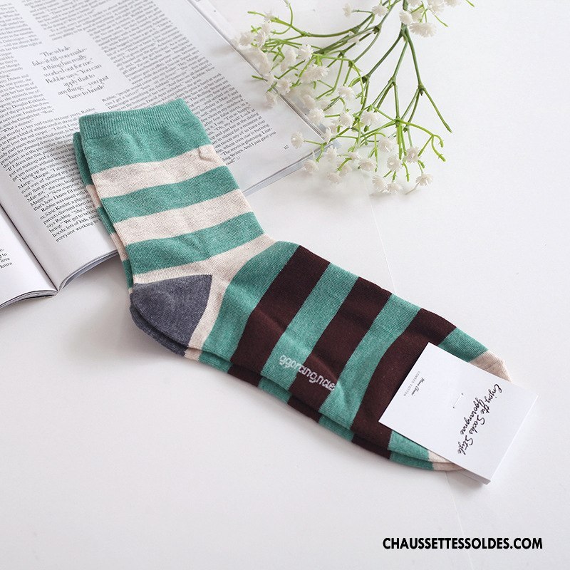 Chaussettes Mi Hautes Femme Hiver Anti-odeur Long Stock Rayé Homme 100% Coton Couleurs Mixtes Vert