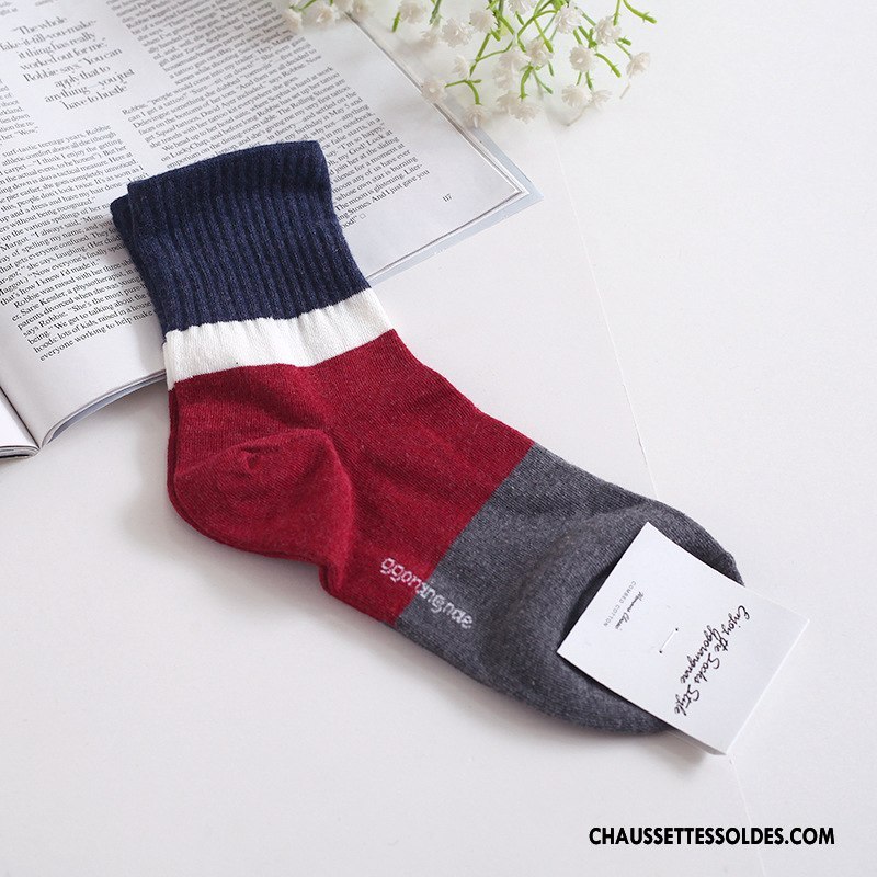 Chaussettes Mi Hautes Femme Hiver L'automne 100% Coton Casual Le Nouveau Milieu Couleurs Mixtes Bordeaux Couleur De Contraste