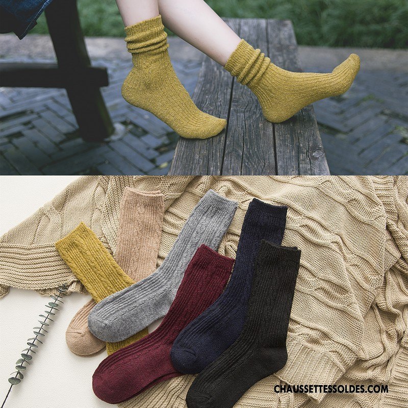 Chaussettes Mi Hautes Femme Hiver Nouvelles Arrivées Rayé Renforcé Des Chaussettes En Laine Jaune