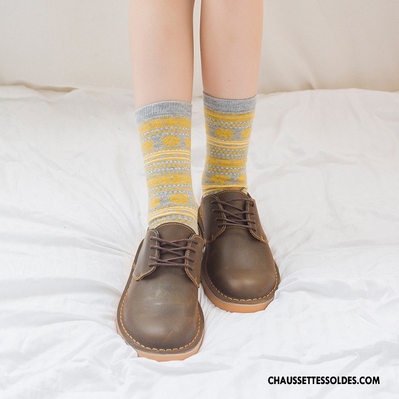 Chaussettes Mi Hautes Femme Hiver Rétro Flocon De Neige Style National L'automne Milieu Jaune