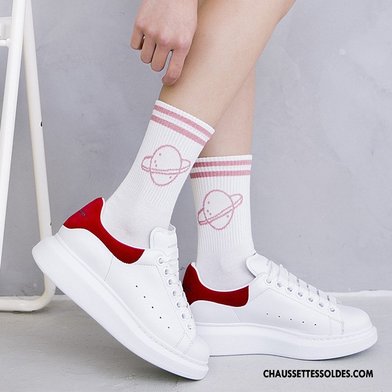 Chaussettes Mi Hautes Femme L'automne Rayé Chaussettes En Coton Casual Tendance Hiver Blanc Or