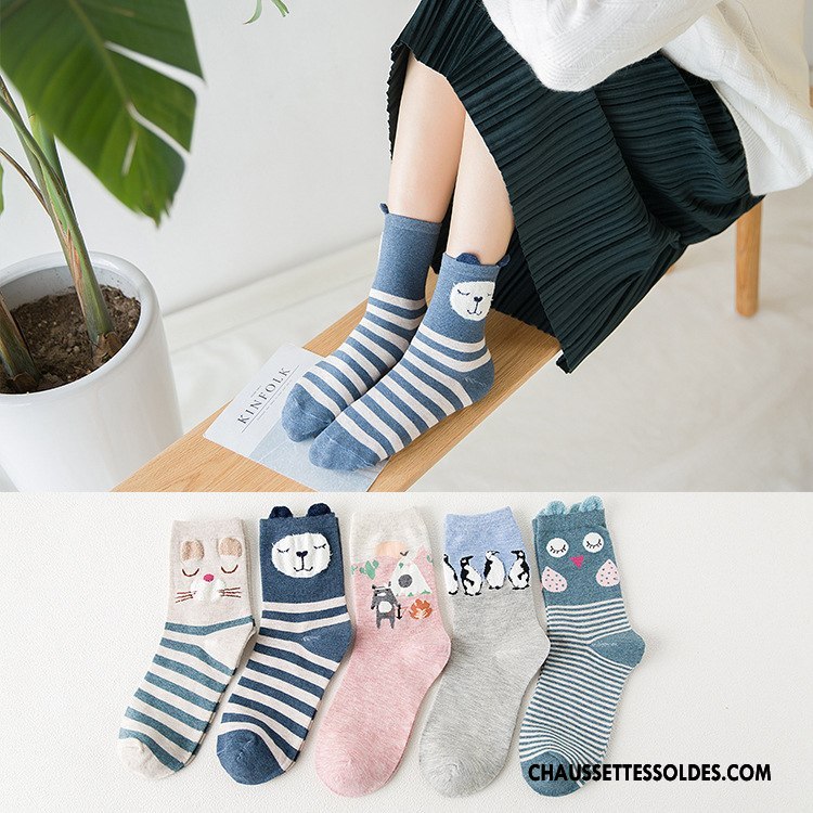 Chaussettes Mi Hautes Femme Le Nouveau Hiver L'automne Matelassé Milieu Dessin Animé Bleu Marin