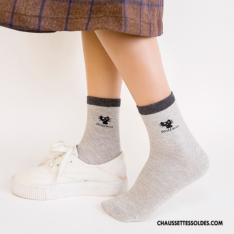 Chaussettes Mi Hautes Femme Milieu 100% Coton Petit L'automne Chaussette Courte Chat Gris
