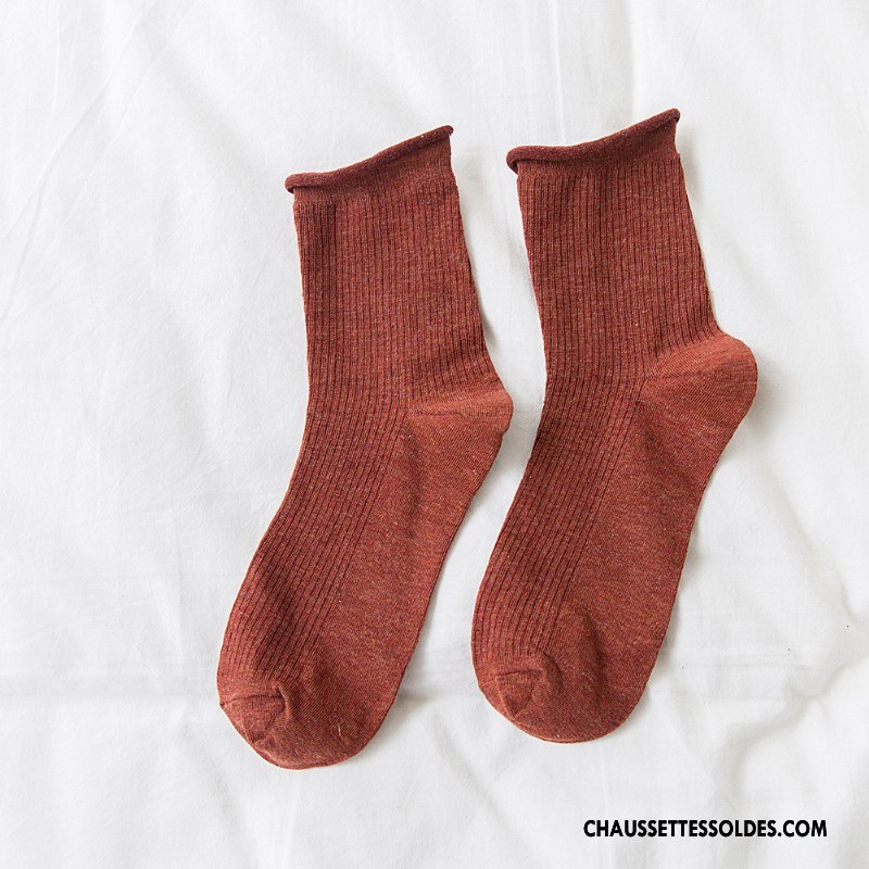 Chaussettes Mi Hautes Femme Milieu Dame Ourlet Tous Les Assortis Nouvelles Arrivées Rétro Bordeaux Pure