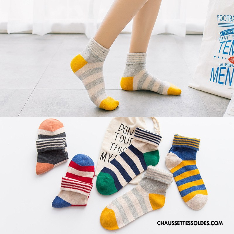 Chaussettes Mi Hautes Femme Milieu Flambage Rayé Hiver Le Nouveau 100% Coton Couleurs De Bonbons Gris