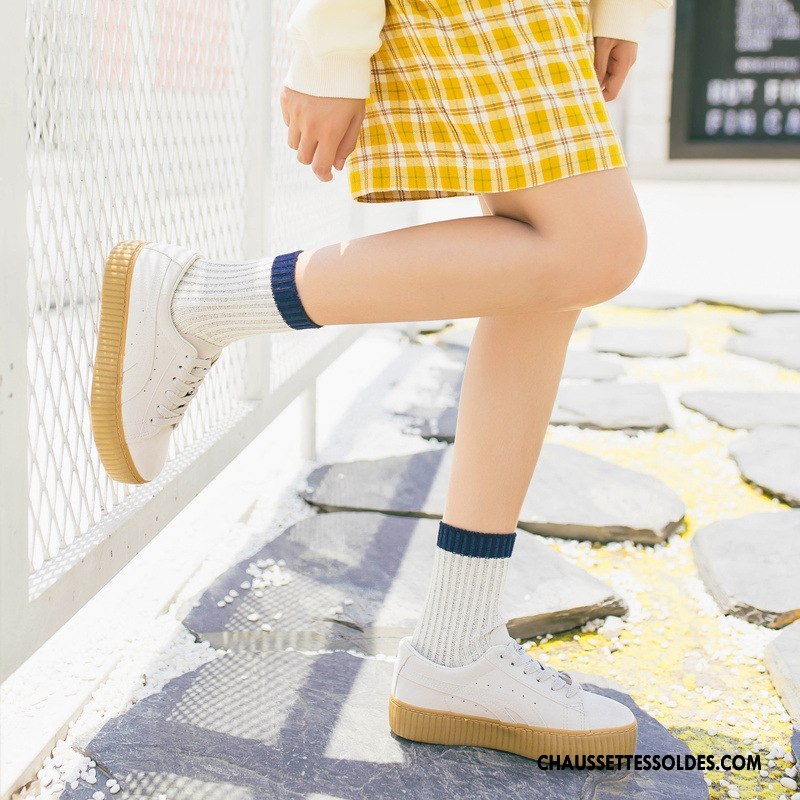 Chaussettes Mi Hautes Femme Milieu Rétro Mouvement Élève Rayé Lovers Blanc