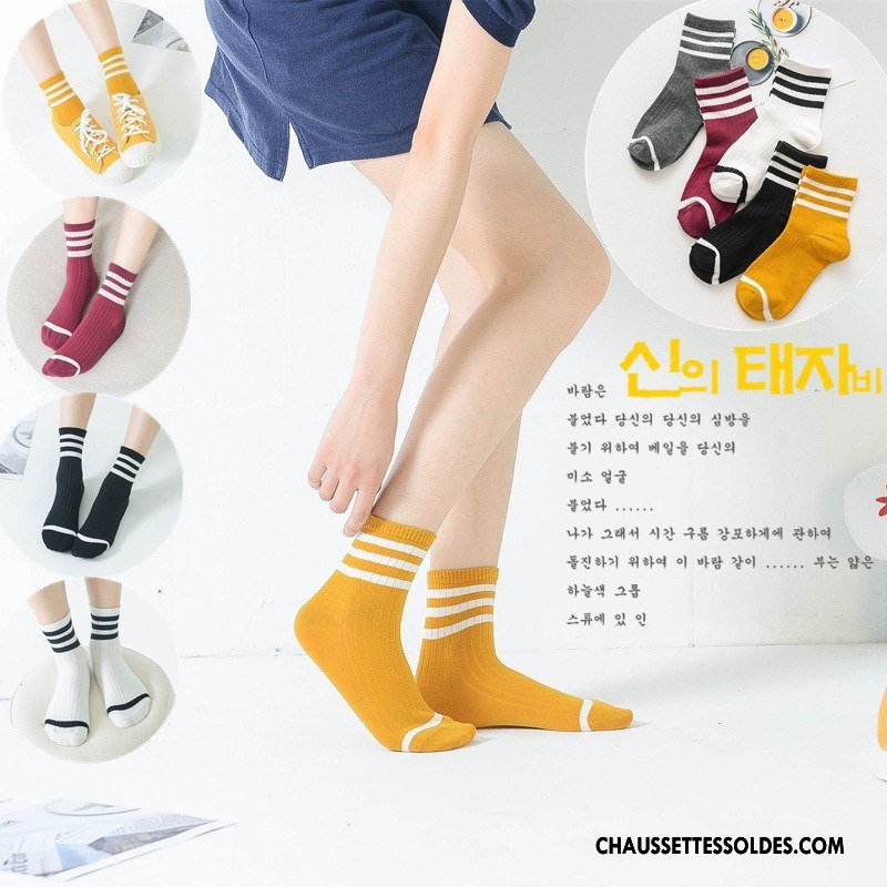 Chaussettes Mi Hautes Femme Mouvement Rayé Chaussettes En Coton Chaussette Courte Nouvelles Arrivées Rétro Jaune