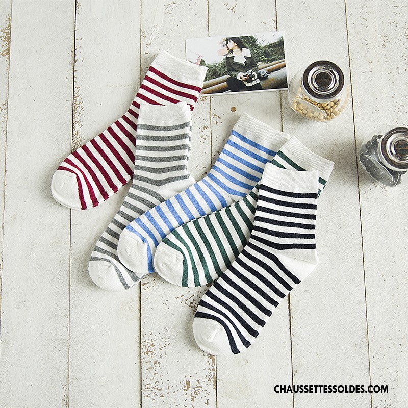 Chaussettes Mi Hautes Femme Nouvelles Arrivées Chaussettes En Coton L'automne Printemps Milieu Rayé Bleu