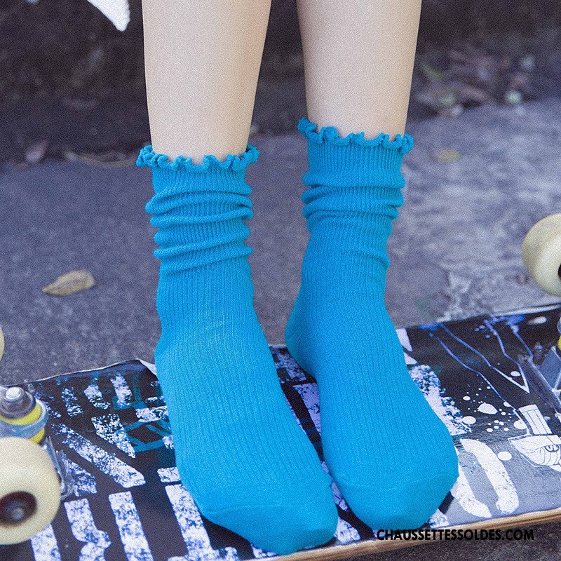 Chaussettes Mi Hautes Femme Ourlet Dame Rétro Bois Chaussettes En Coton Milieu Pure Bleu