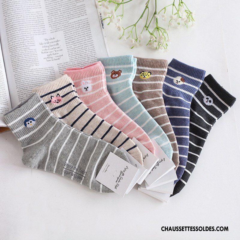 Chaussettes Mi Hautes Femme Ours Animal Rayé Long Stock Charmant Authentique Gris