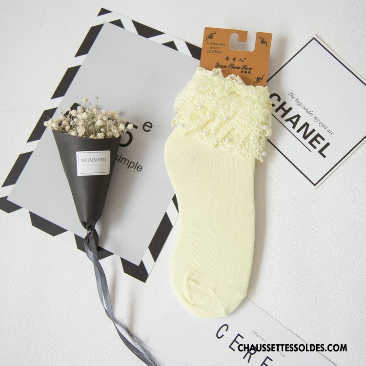 Chaussettes Mi Hautes Femme Perle Légère Le Nouveau Dentelle Chaussettes En Coton Courte Pure Jaune