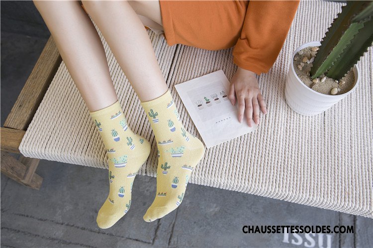 Chaussettes Mi Hautes Femme Plaine 100% Coton Le Nouveau Chaussettes En Coton Frais Milieu Jaune