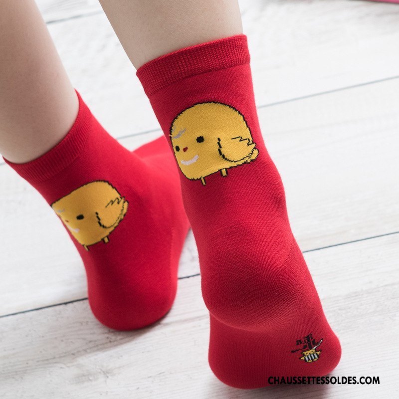 Chaussettes Mi Hautes Femme Poulet Milieu 100% Coton Hiver Petit Dessin Animé Rouge