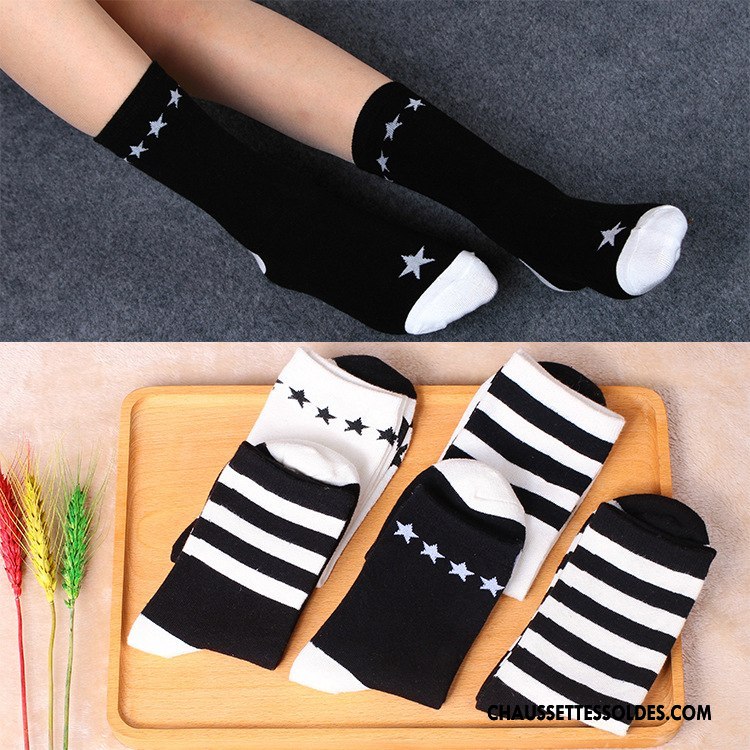 Chaussettes Mi Hautes Femme Rayé 100% Coton Vent D'université Étoile Couleurs Mixtes Blanc Noir