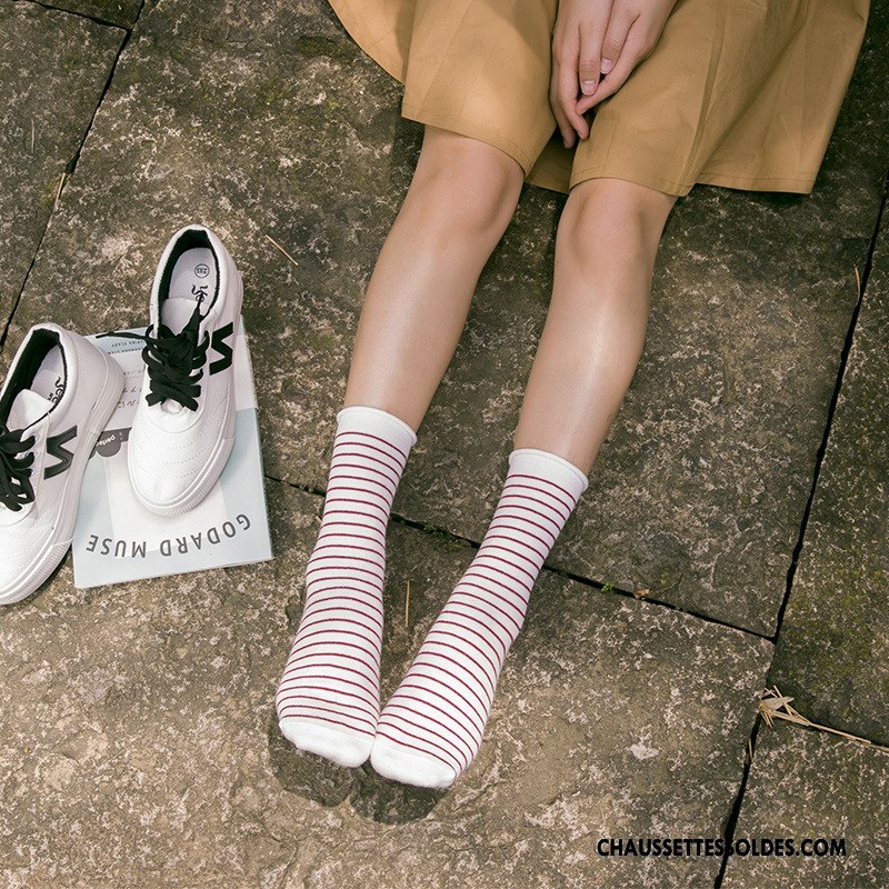 Chaussettes Mi Hautes Femme Rayé Frais Milieu Le Nouveau Hiver L'automne Blanc