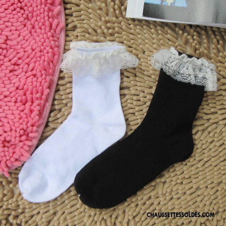 Chaussettes Mi Hautes Femme Rétro Bulle Dentelle Chaussette Courte Coton Bio Dame Blanc