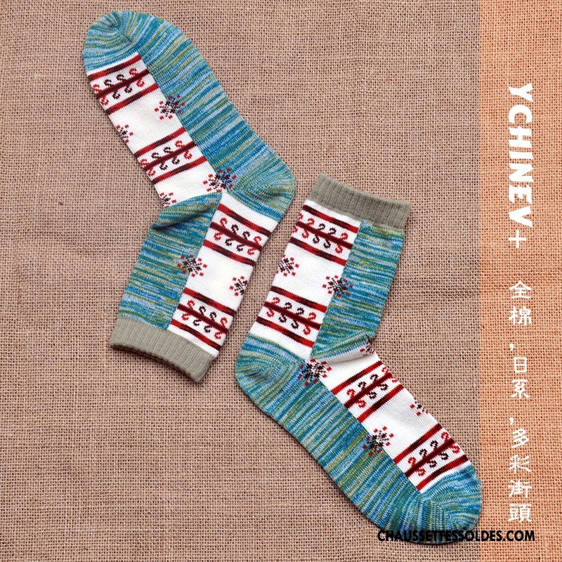 Chaussettes Mi Hautes Femme Rétro Nation Style National Chaussettes En Coton Petit Fleurs Couleurs Mixtes Bleu